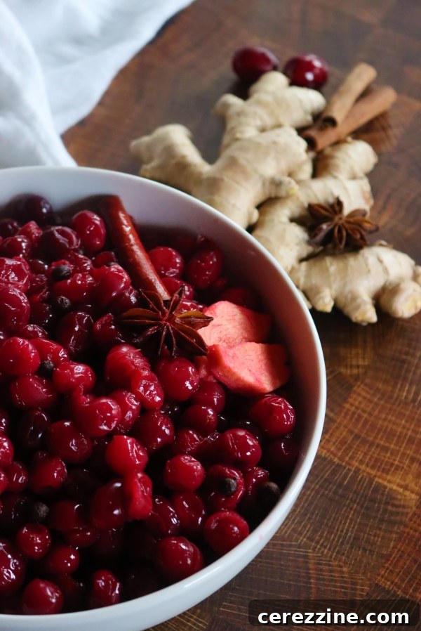 Close-up of homemade pickled cranberries in a decorative jar