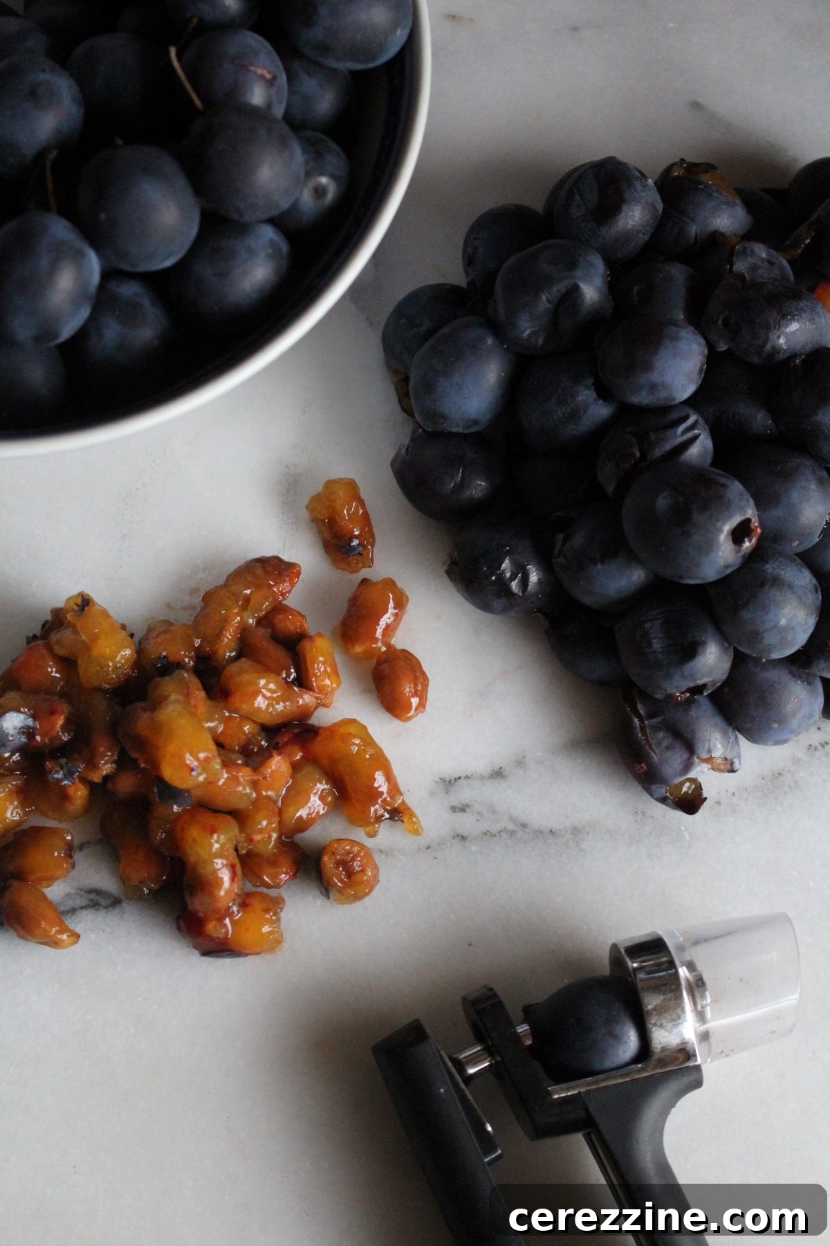 Close-up of a hand pitting tool efficiently removing the stone from a damson plum.