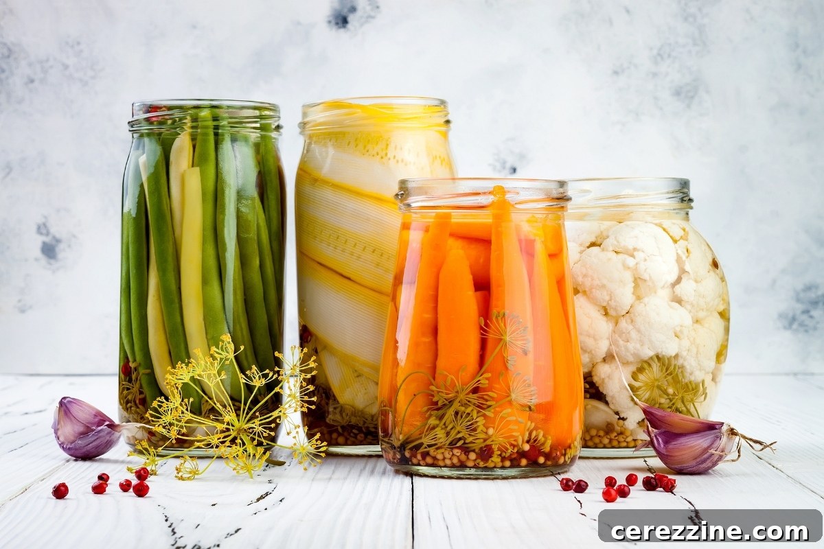 Fifty Varied Pickle Recipes From Asparagus To Zucchini 2 A vibrant assortment of various pickled vegetables and fruits in glass jars, showcasing the diversity of pickling recipes.