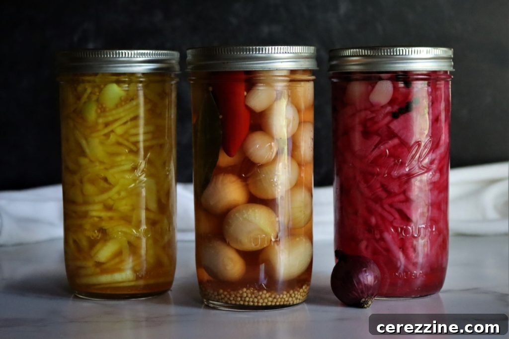 Fifty Varied Pickle Recipes From Asparagus To Zucchini 19 Sliced pickled red onions in a glass jar, showcasing their vibrant pink color.
