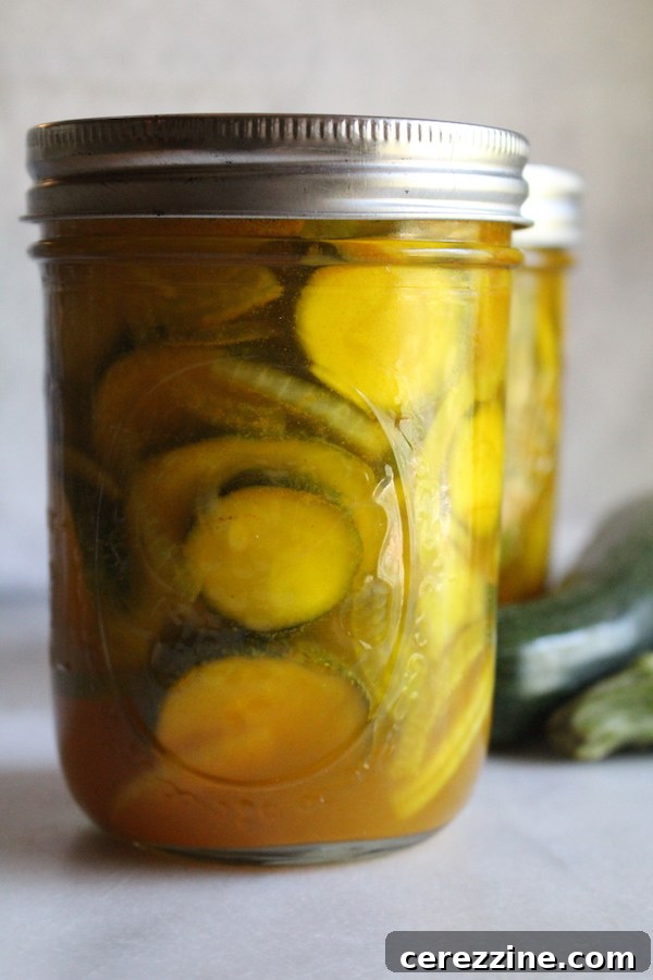 Fifty Varied Pickle Recipes From Asparagus To Zucchini 29 Slices of pickled zucchini in a glass jar.
