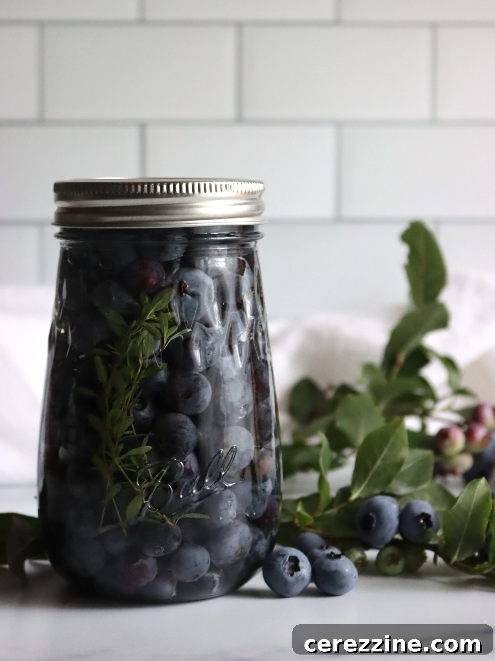 Fifty Varied Pickle Recipes From Asparagus To Zucchini 7 A jar of homemade pickled blueberries with a sprig of rosemary, ready for serving.