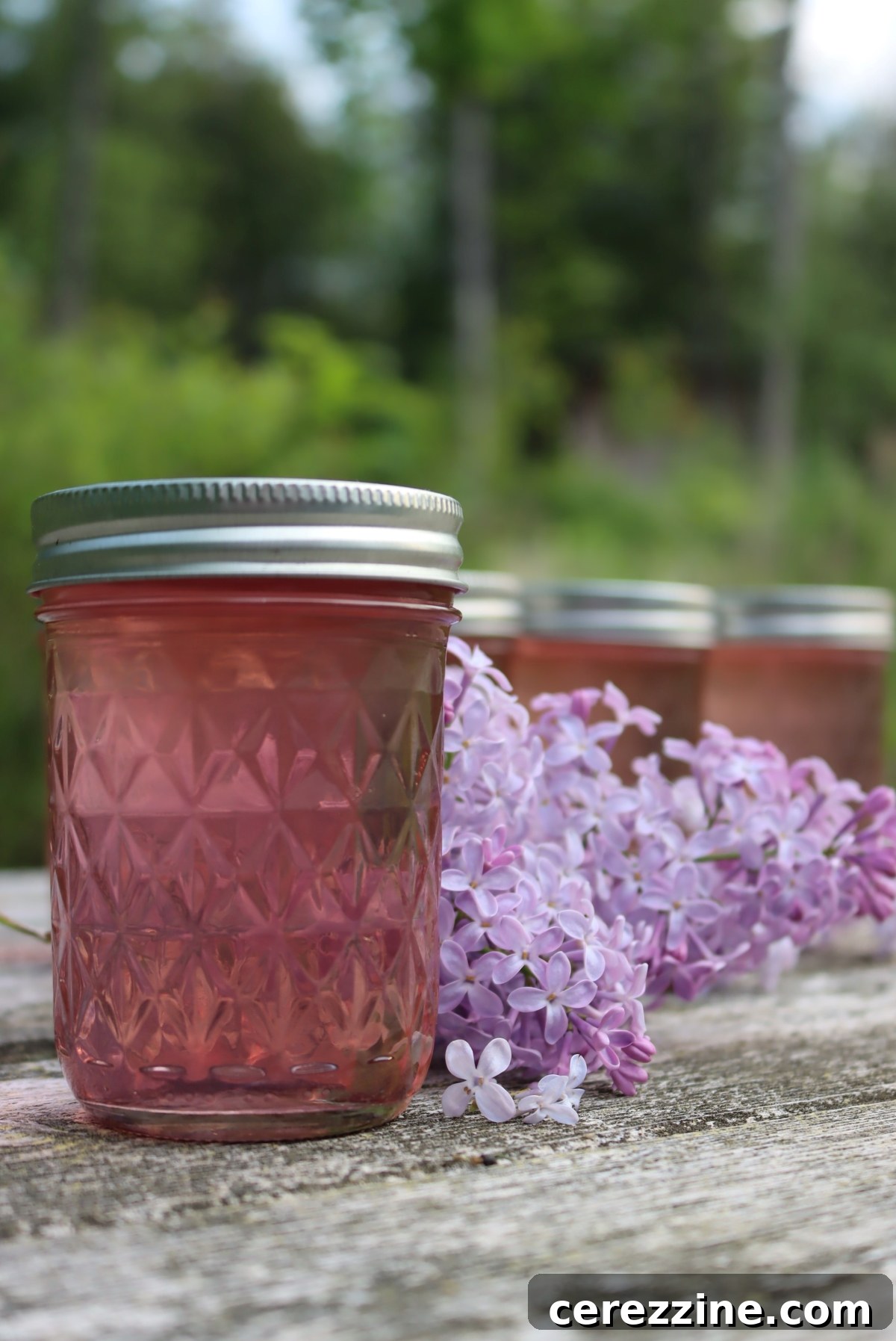 A beautifully set jar of lilac jelly, adorned with fresh lilac sprigs.