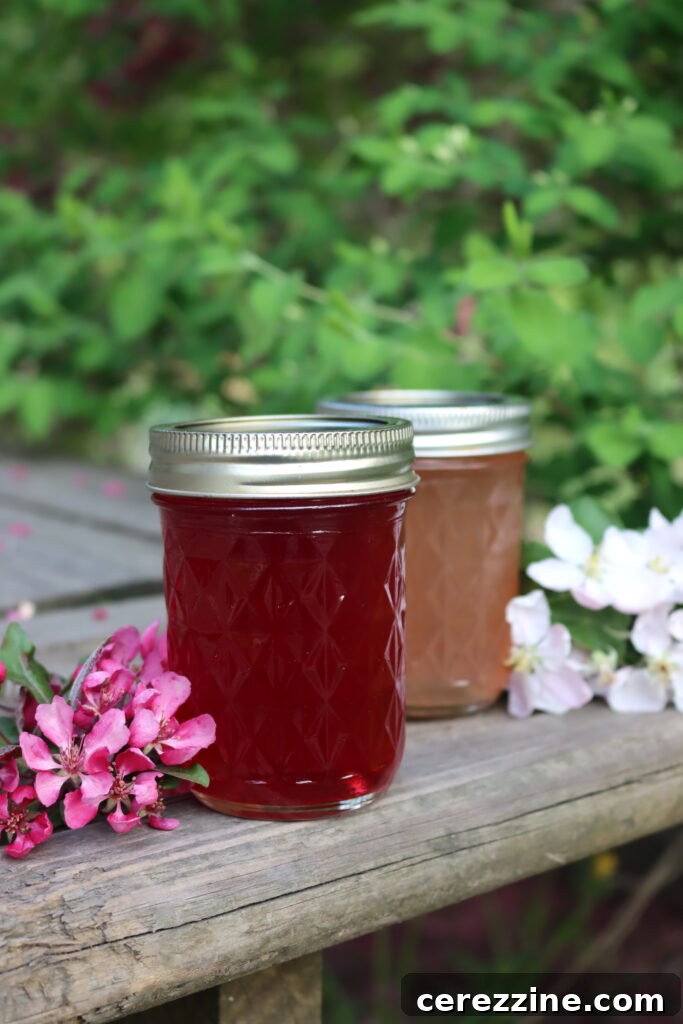 Three jars of light pink apple blossom jelly, adorned with fresh apple blossoms.