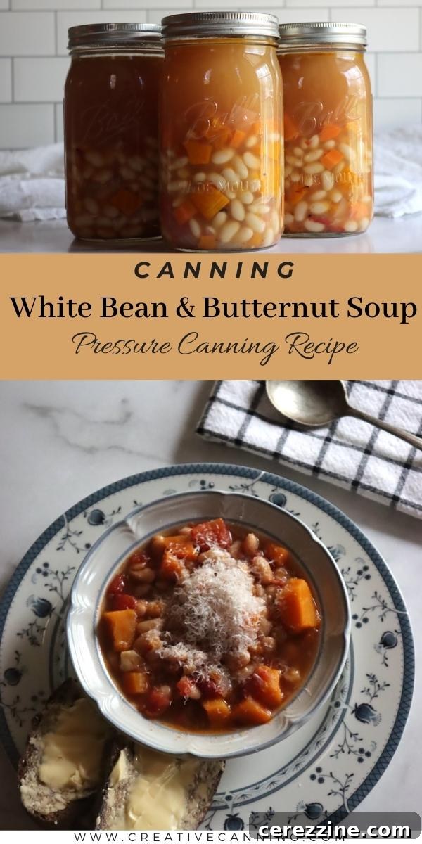 Winter Comfort: Canning Butternut Squash and White Bean Soup 7 Canned White Bean and Butternut Soup jars stacked neatly in a pantry