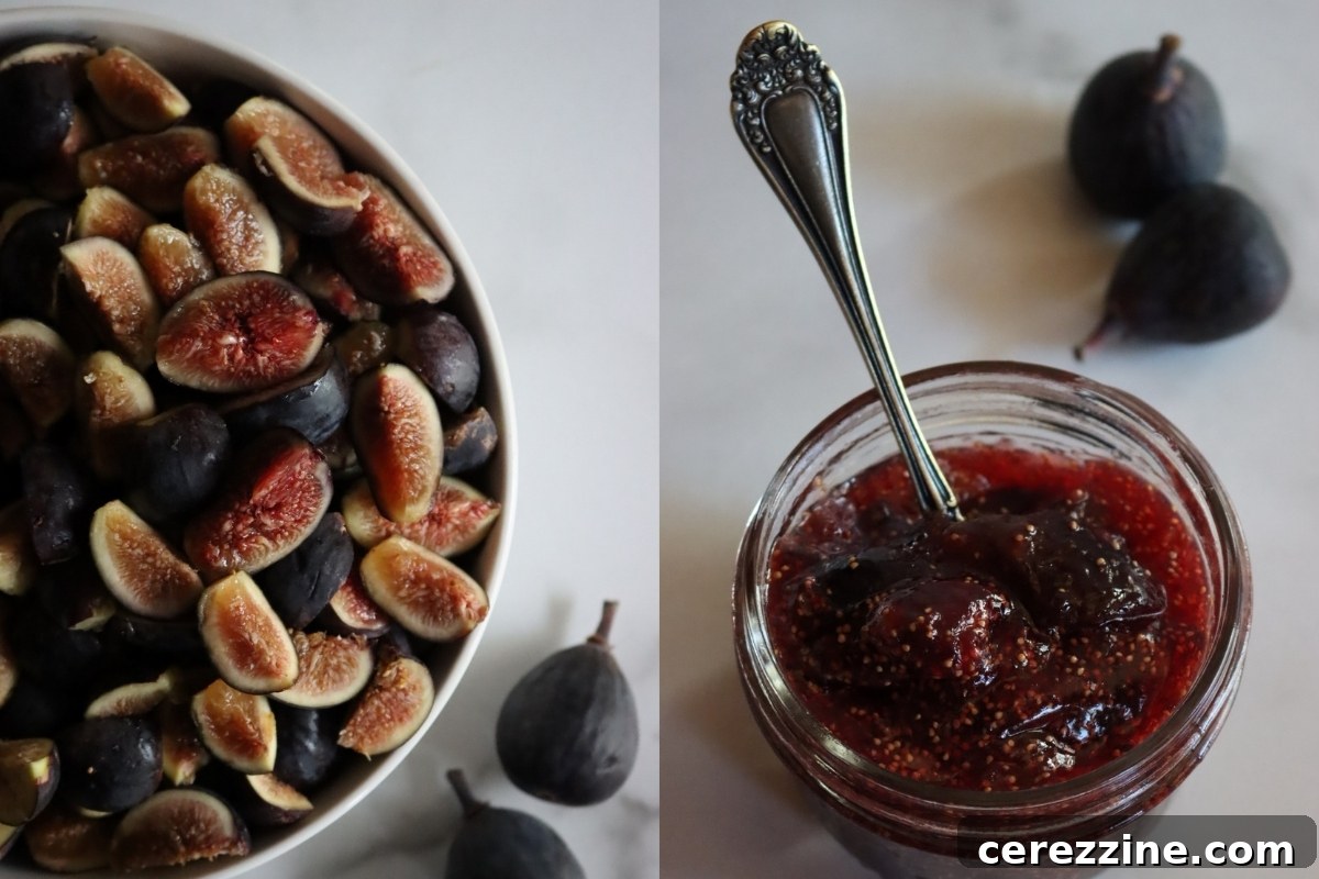 Fresh figs and a jar of homemade fig jam, highlighting the natural sweetness and simplicity of the recipe.