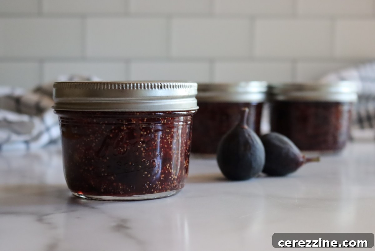 Jars of fig jam cooling after water bath canning.