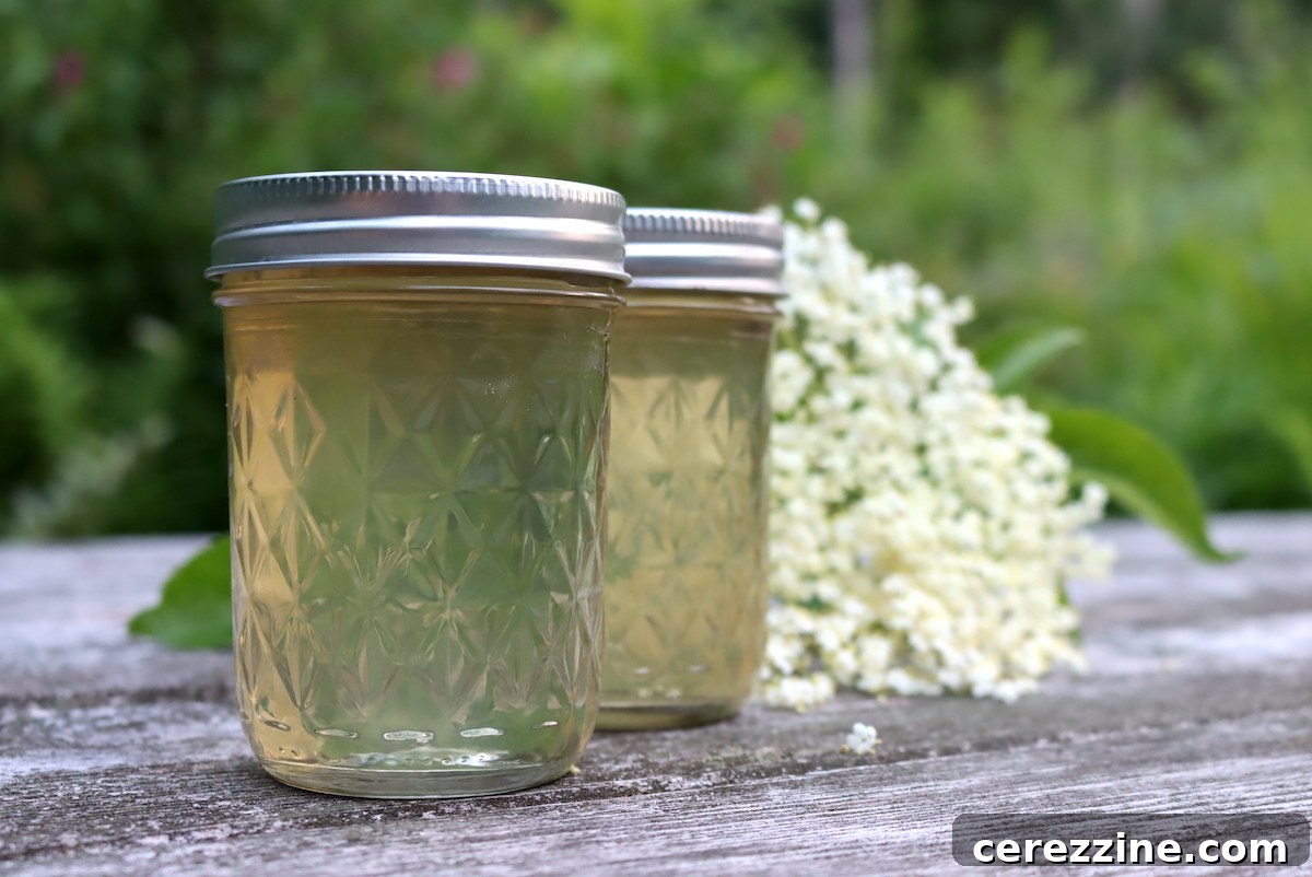 Sparkling Elderflower Jelly 7 Two hands holding a jar of elderflower jelly, with flowers in the background.