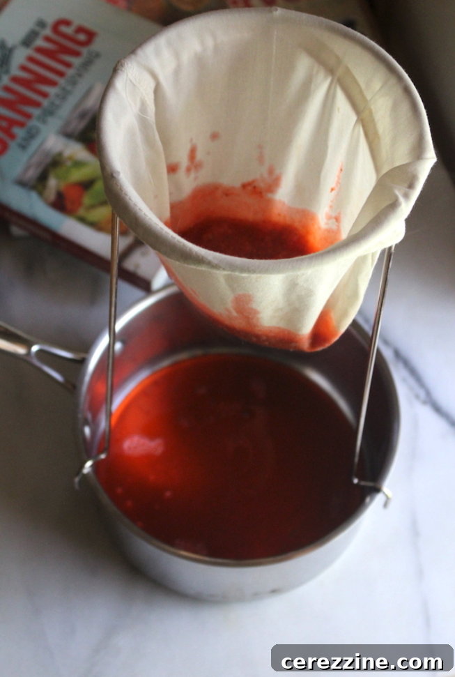 Straining cooked strawberries through a jelly bag to extract their juice for canning