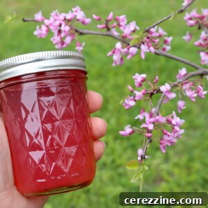 Redbud Jelly in a small glass jar.