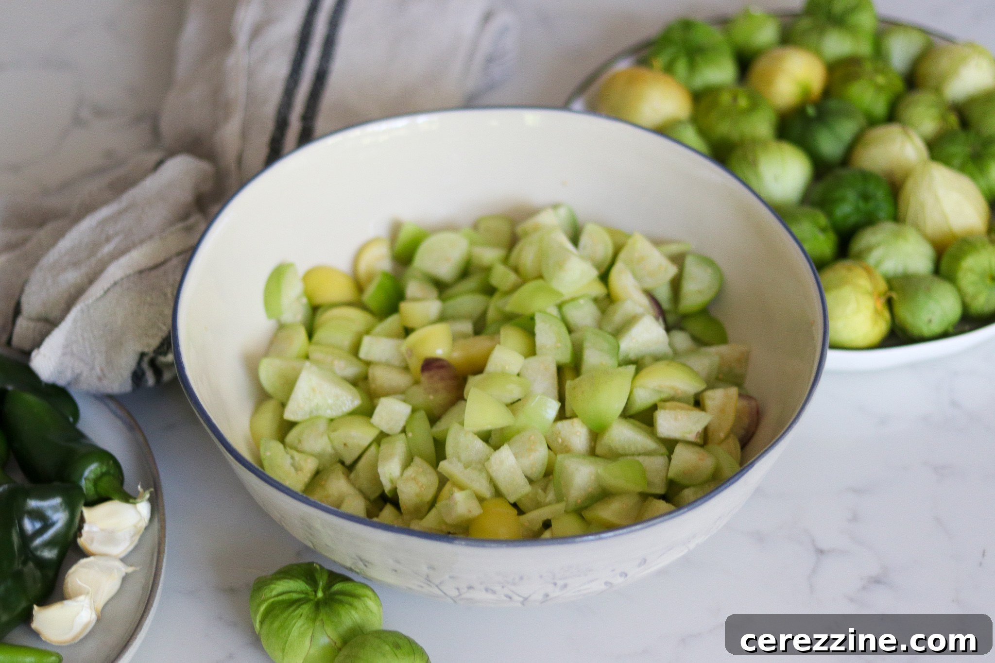 Chopped Ingredients Ready for Tomatillo Salsa