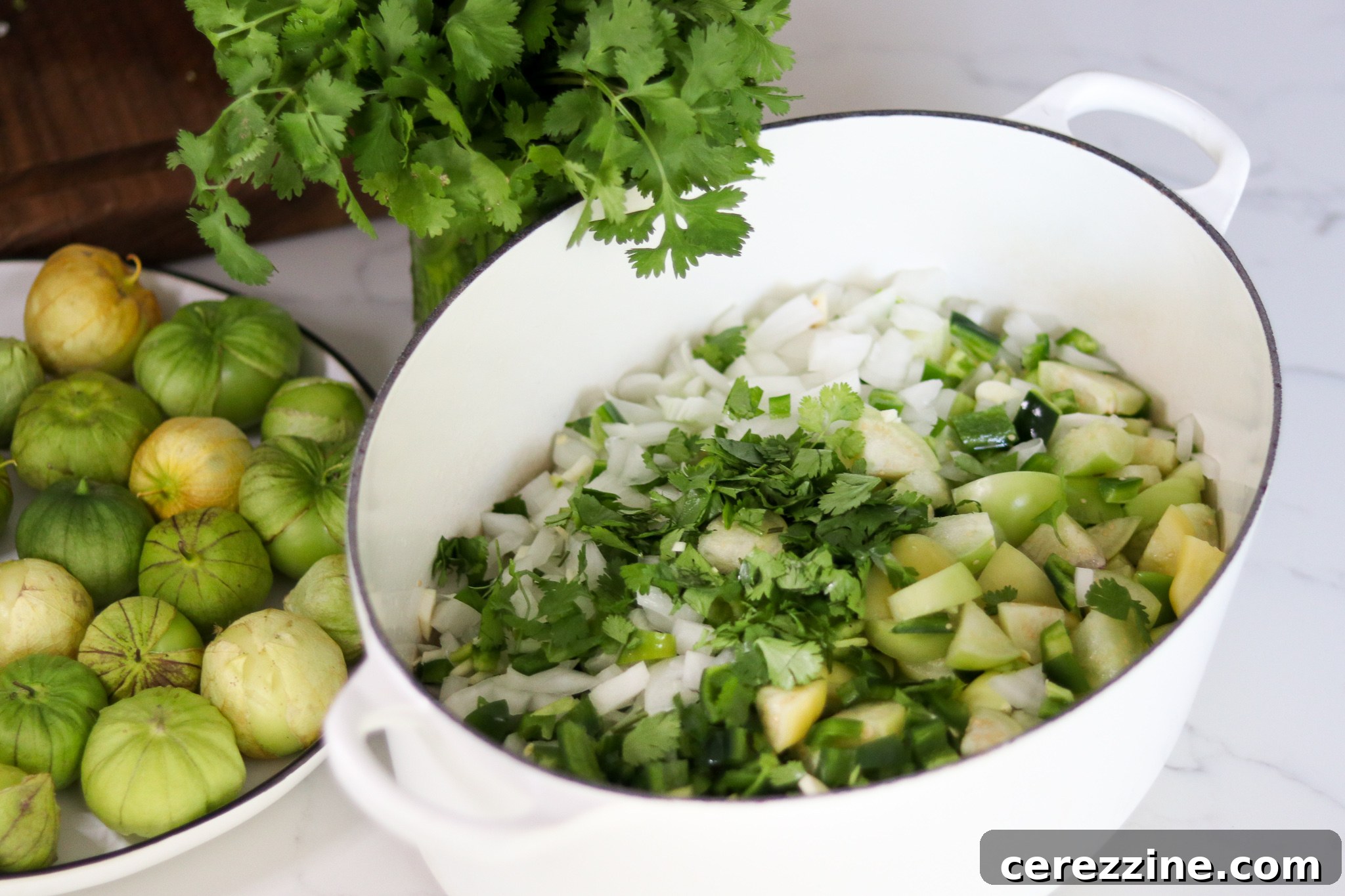 Tomatillo Salsa Simmering in a Pot
