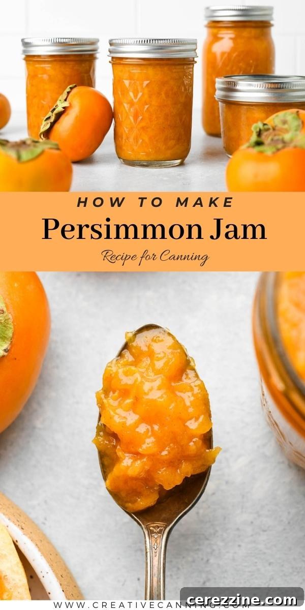 A jar of finished persimmon jam with a label, sitting on a wooden surface.