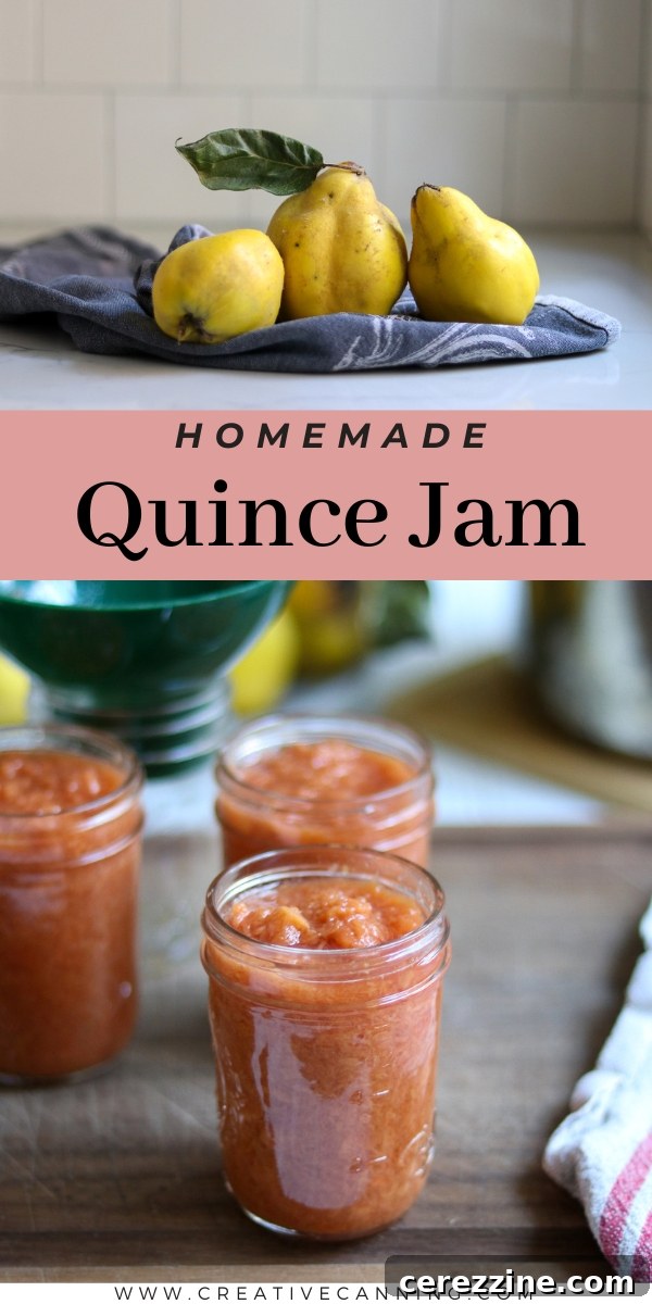 A beautifully composed shot of quince jam in a jar with fresh quinces and herbs, highlighting the recipe's appeal.