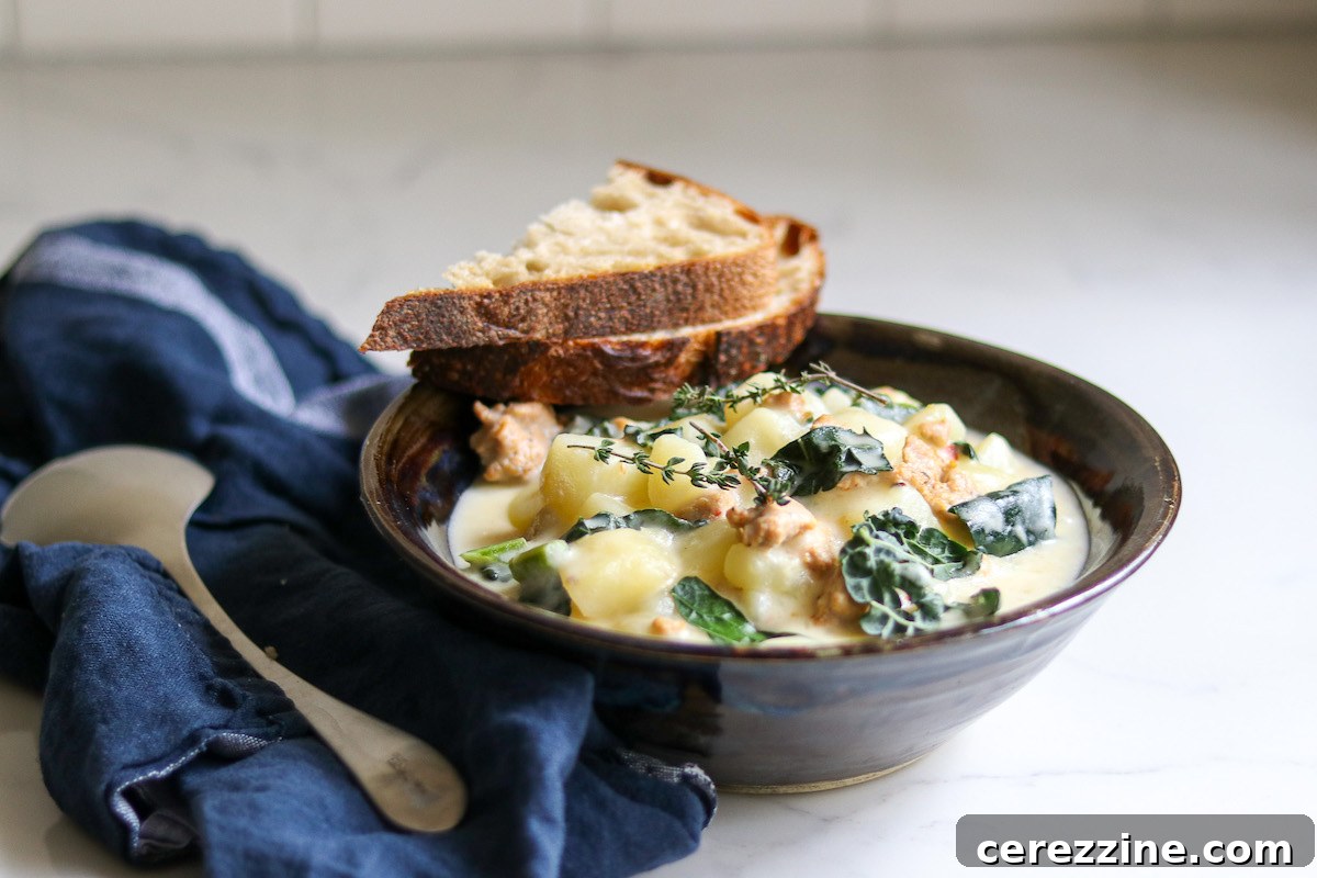 Serving Zuppa Toscana with fresh herbs and cream