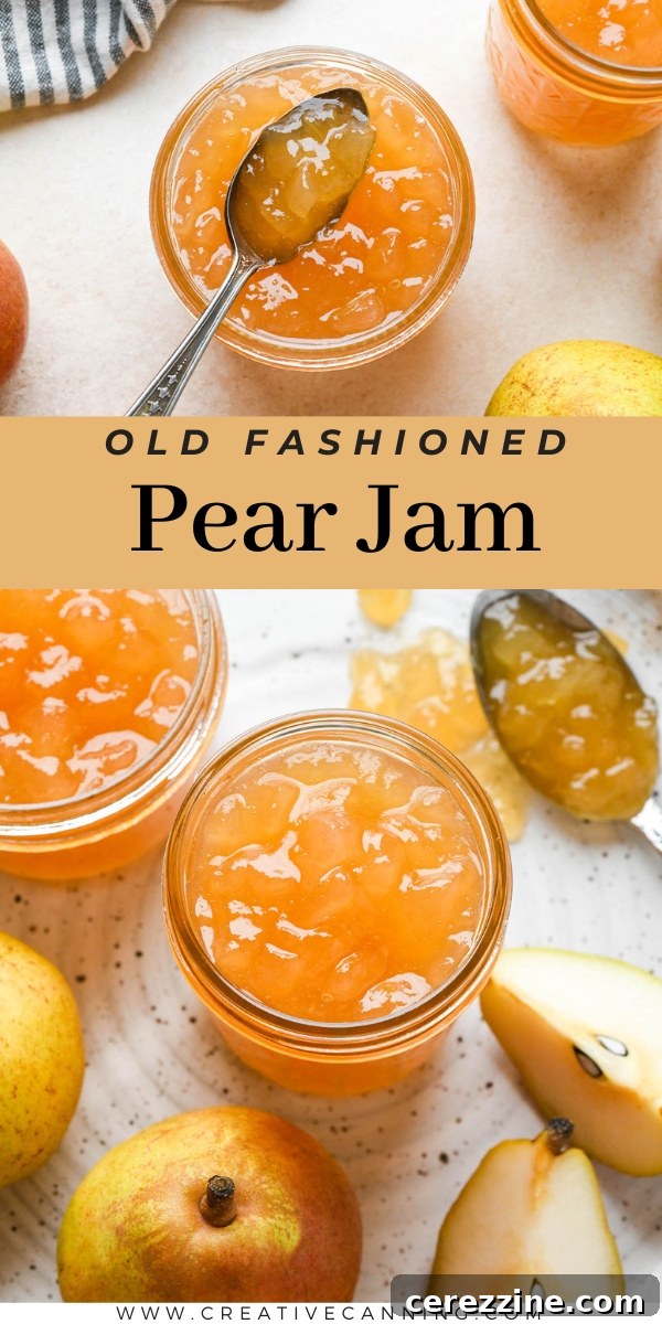 Sun Kissed Pear Jam 14 Various jars of homemade jam, including pear jam, on a rustic wooden table, labeled as 'Old Fashioned Pear Jam Recipe'