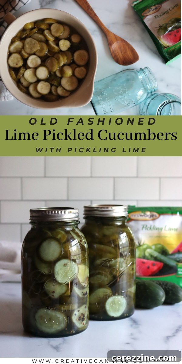 Old Fashioned Super Crispy Cucumber Pickles 9 Old Fashioned Lime Pickled Cucumbers - A vertical shot of a single jar of lime pickles on a wooden surface, emphasizing their artisanal quality.