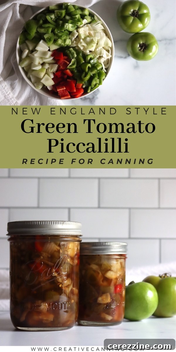New England Style Green Tomato Piccalilli in a single jar, beautifully presented on a wooden surface, highlighting its homemade charm.