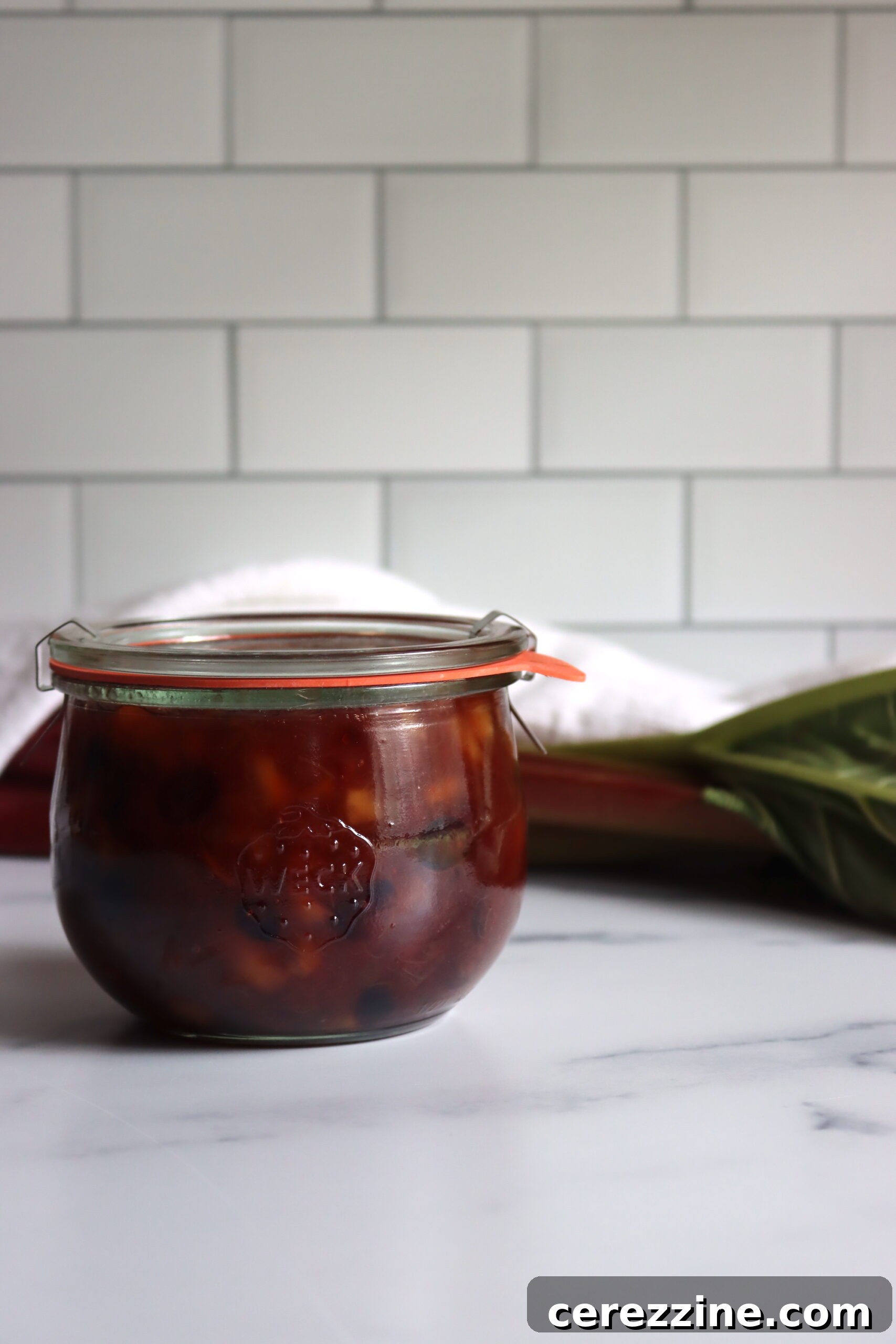 Zesty Rhubarb Chutney 3 Two jars of freshly prepared rhubarb chutney