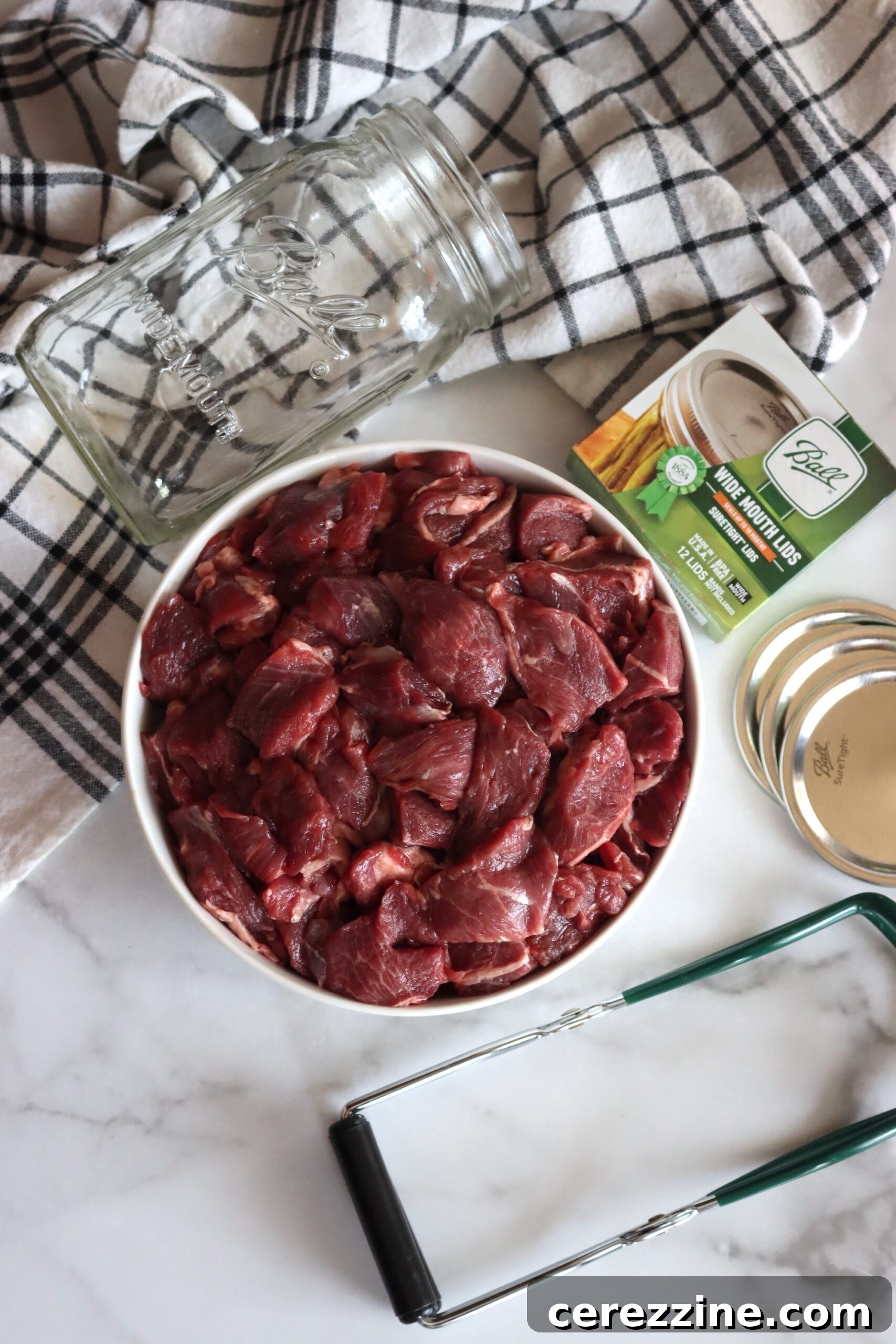 Raw lamb chunks prepared for canning