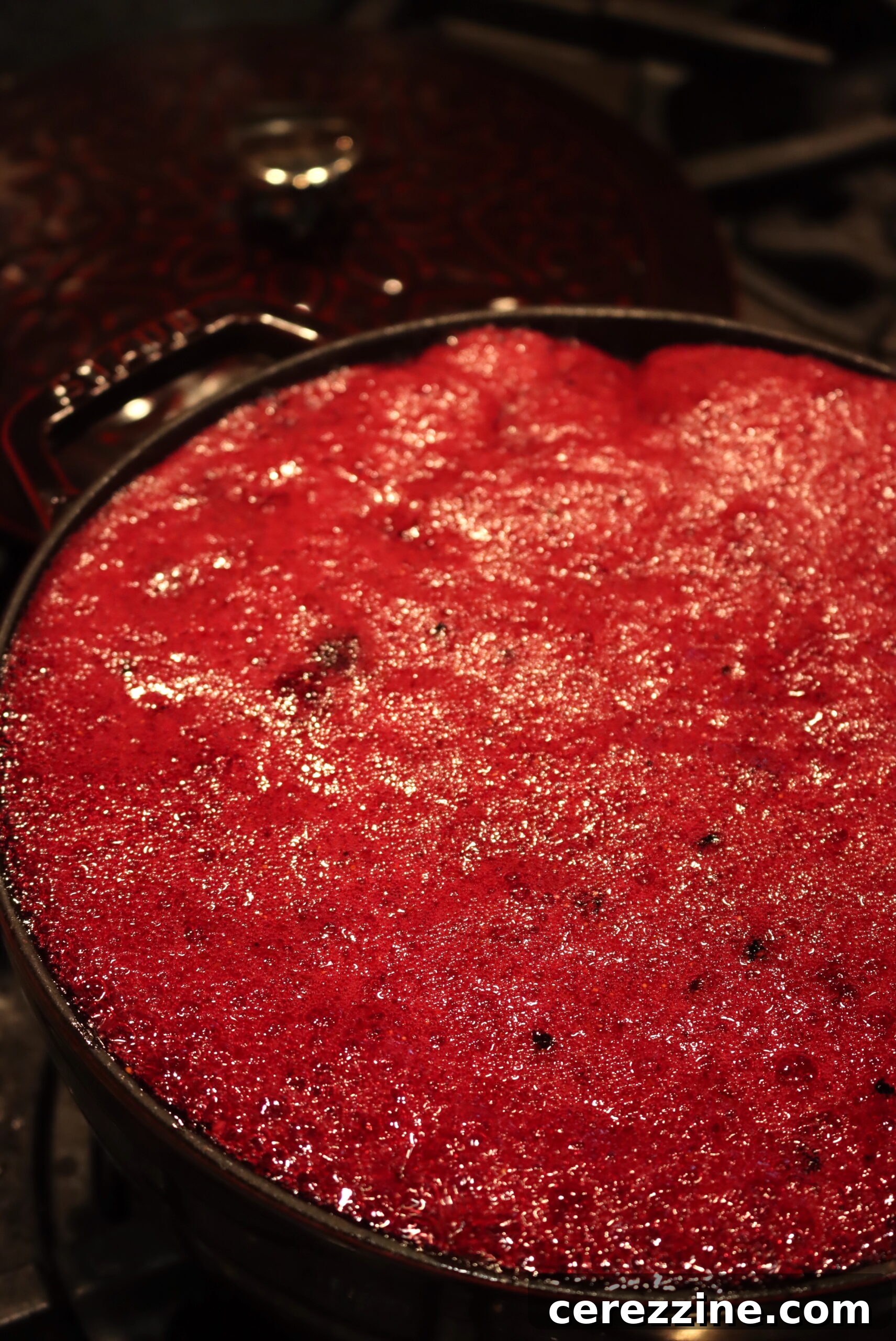 Blackberry jam simmering, showing a foamy appearance.
