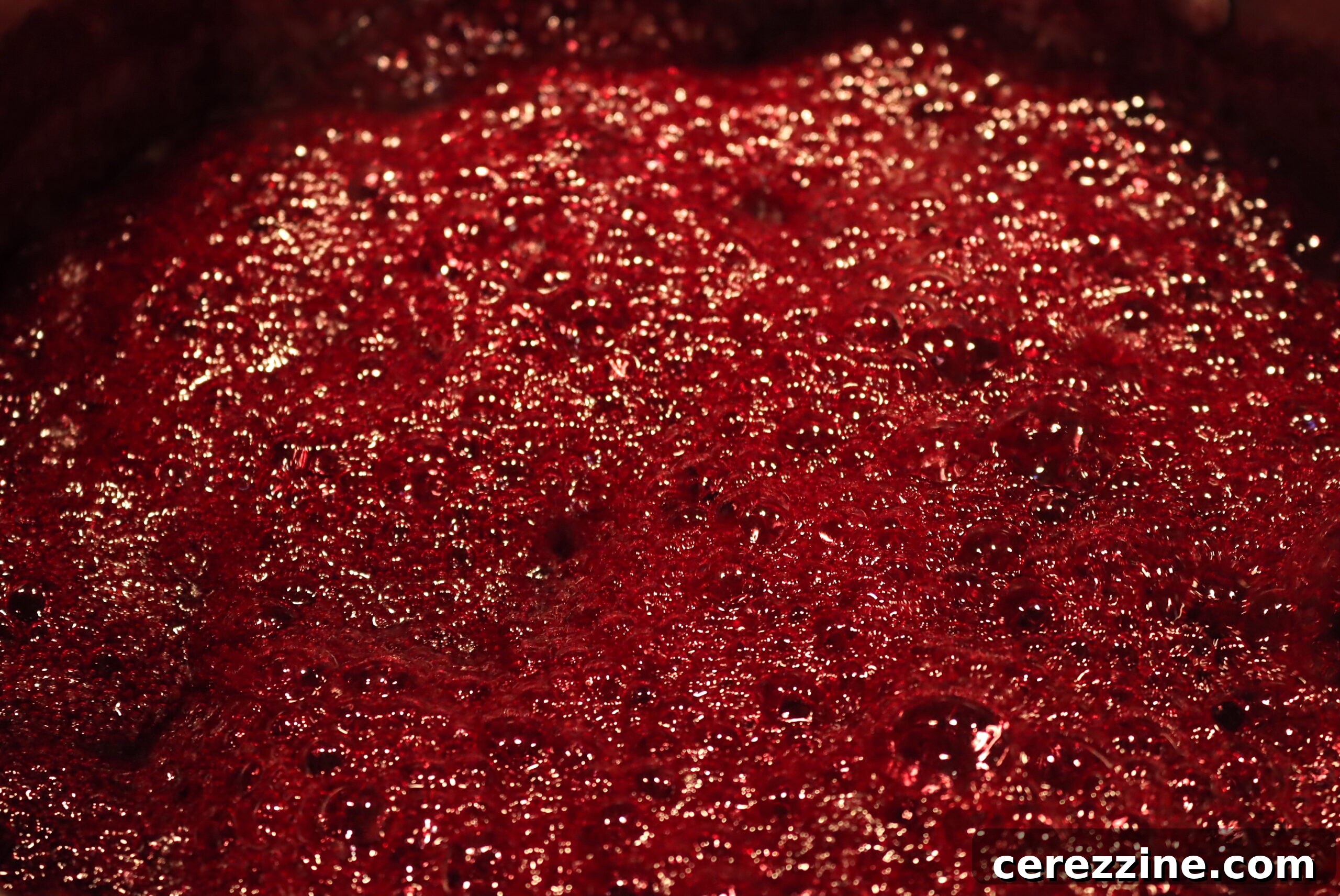 Blackberry jam with glossy bubbles, indicating it has reached the set point.