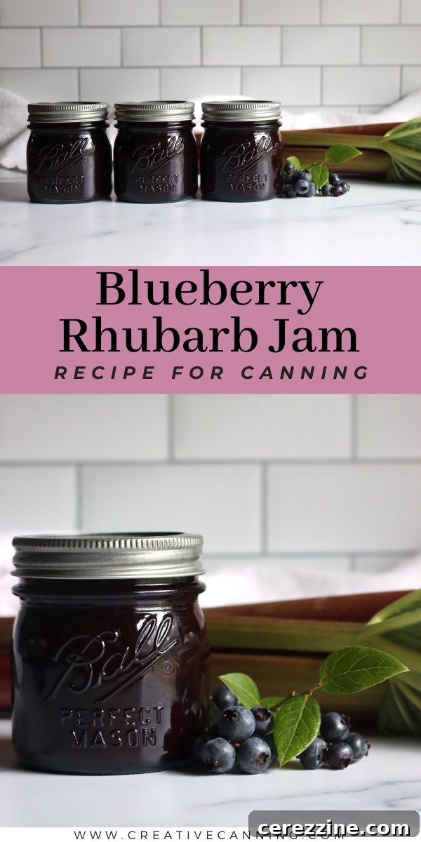 Beautifully labeled jar of homemade Blueberry Rhubarb Jam, ready for gifting or storage