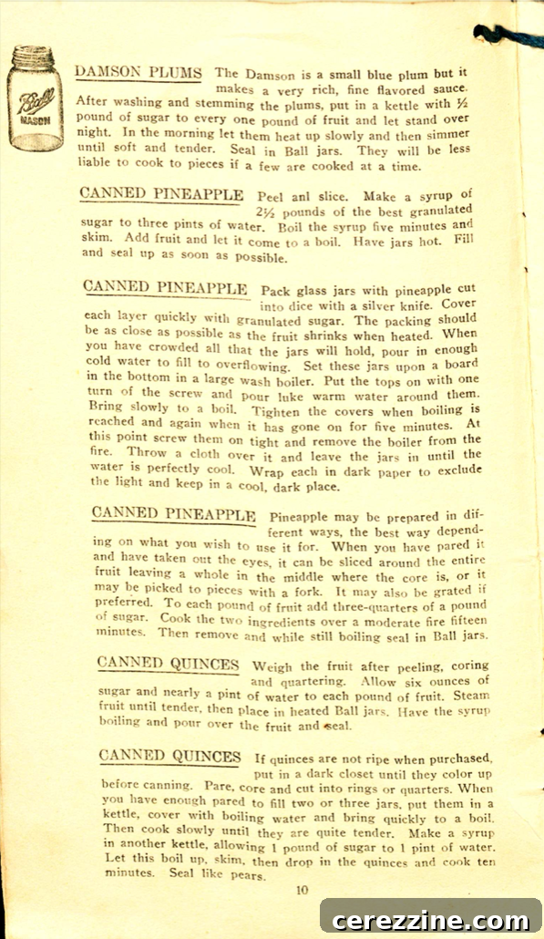 Page 10: Instructions for preserving popular fruits like berries and peaches from the early 20th century.