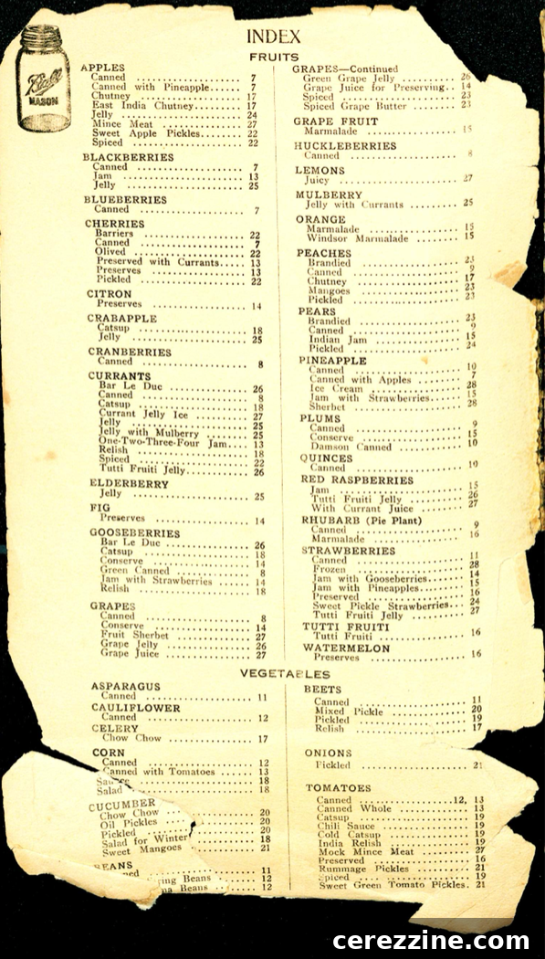 Page 2: The index from the 1909 'The Correct Method of Preserving Fruit,' outlining early canning topics.