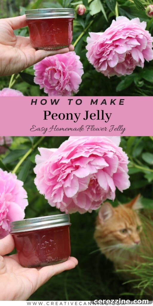 A beautifully set table with a jar of peony jelly and fresh flowers, suggesting a delightful culinary experience.