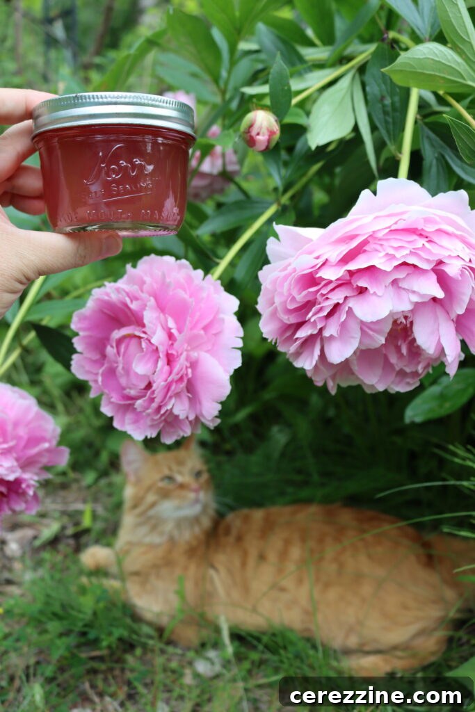 A spoon scooping a dollop of peony jelly, showing its delicate texture.
