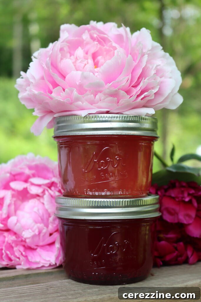 All the ingredients for peony jelly laid out on a table, including fresh petals, sugar, pectin, and lemon juice.