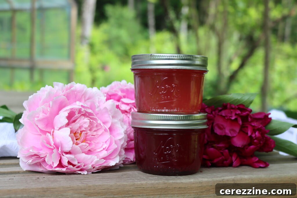 Jars of freshly poured peony jelly cooling on a countertop.