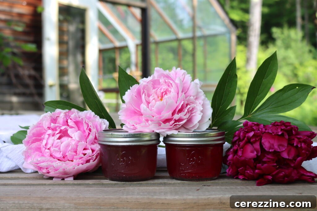 Many jars of peony jelly stacked on a shelf.
