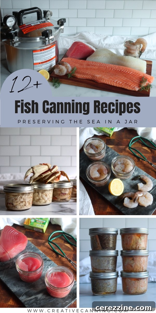 Fish Canning Recipes - A vertical shot of a variety of home-canned fish jars, including smoked fish, illustrating diverse canning possibilities.