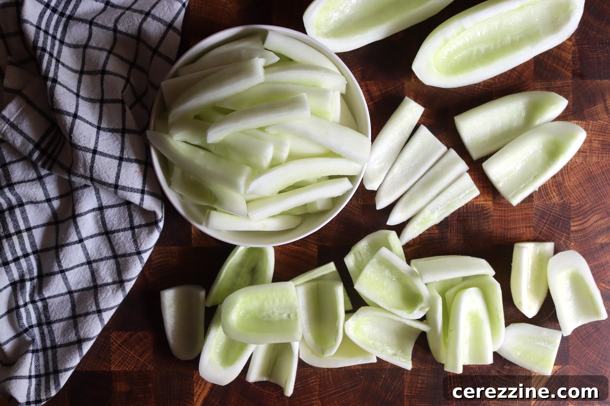 Grandmas Vermont Maple Cucumber Ribbons 5 Prepared overripe cucumbers for pickling, showing the 'tongue' shape