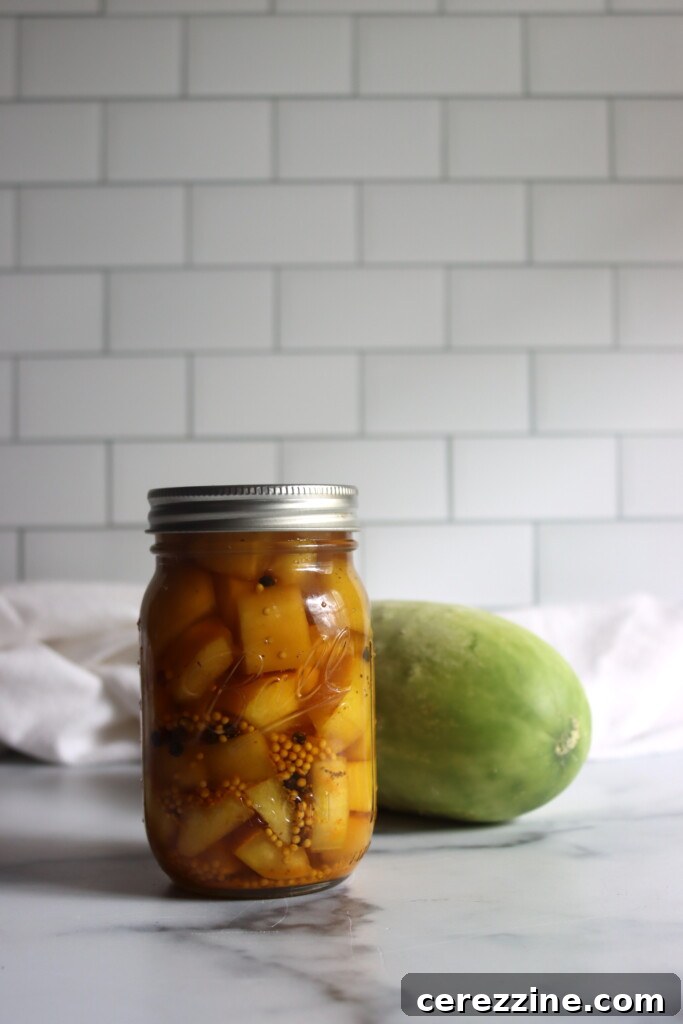 Close-up of Danish Asier Pickles in a jar, showcasing their chunky texture and golden color