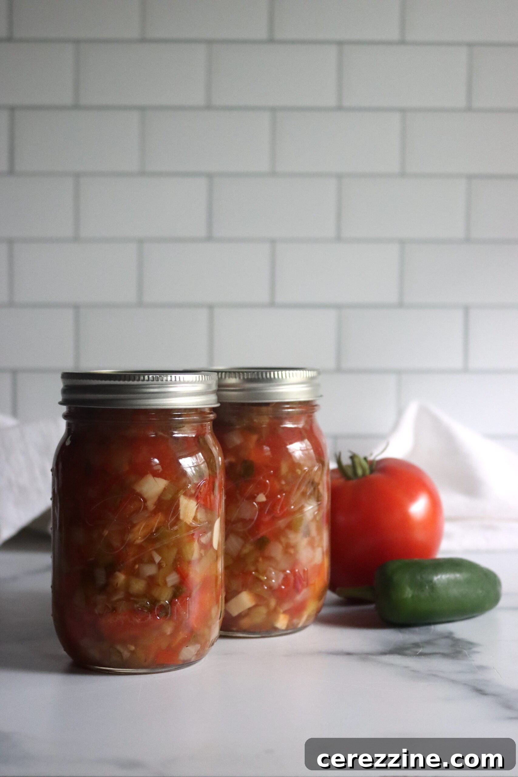 Hot house salsa being ladled into glass canning jars with a canning funnel.