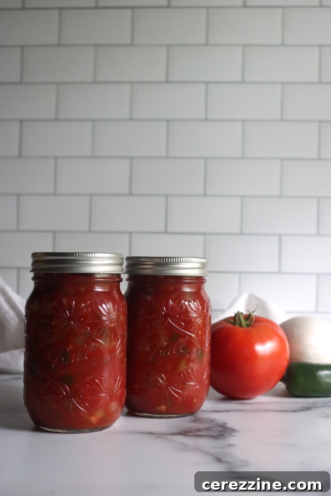 Close-up of a jar of homemade salsa with tomato paste, showcasing its thick consistency and vibrant colors.