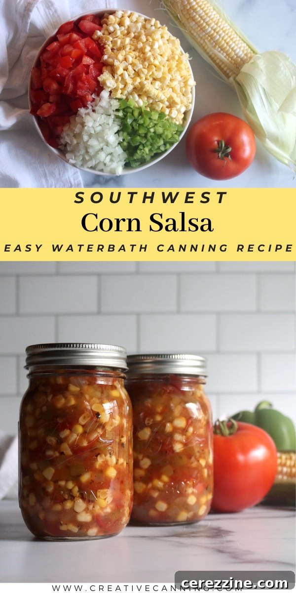 Rows of freshly canned Southwestern Corn Salsa on a shelf