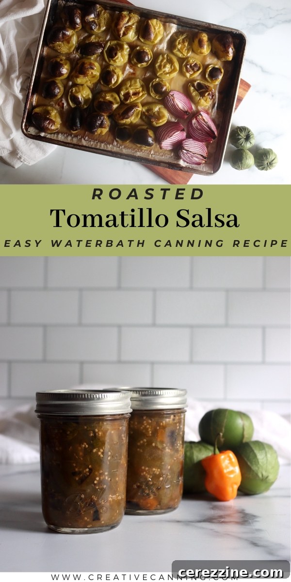 Beautifully arranged jars of Roasted Tomatillo Salsa with fresh ingredients around them.