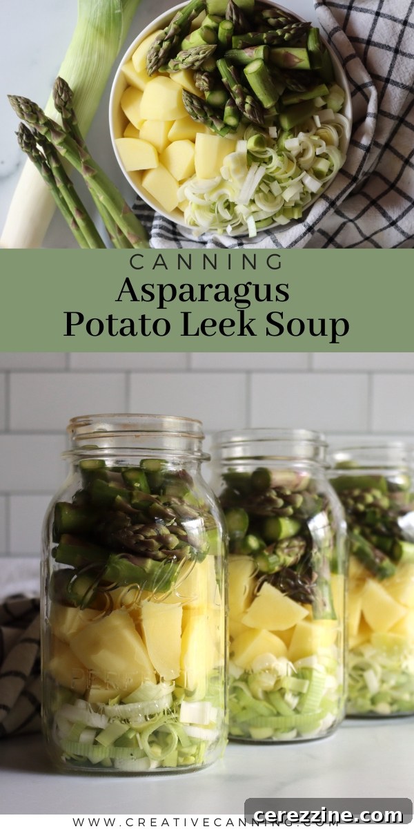 A beautifully arranged selection of Asparagus Potato Leek soup ingredients and a jar of the finished canned soup.