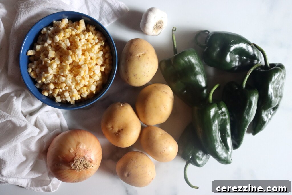 Ingredients for Poblano Corn Chowder laid out on a table