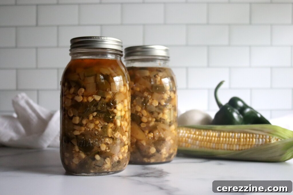Jars of freshly canned Poblano Corn Chowder cooling on a counter