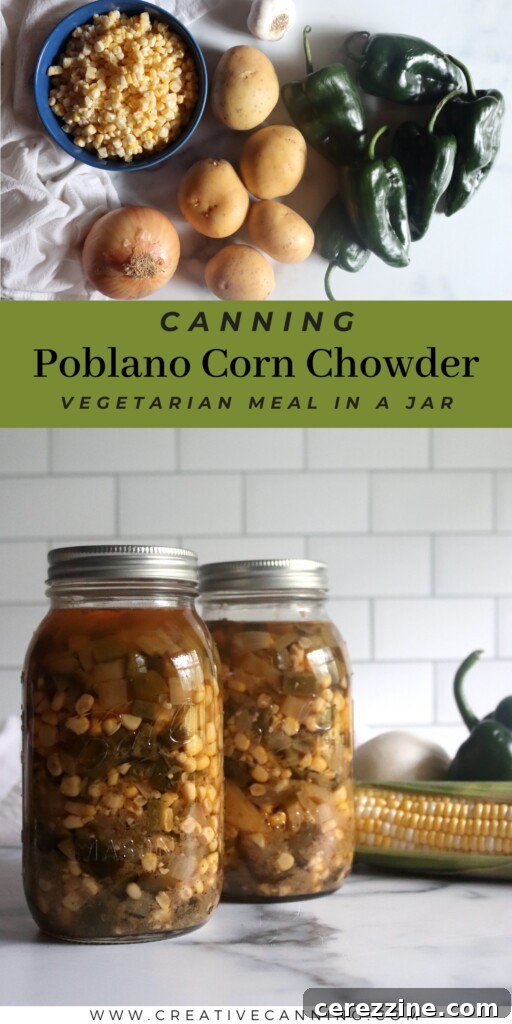 Stacked jars of canned poblano corn chowder, ready for storage