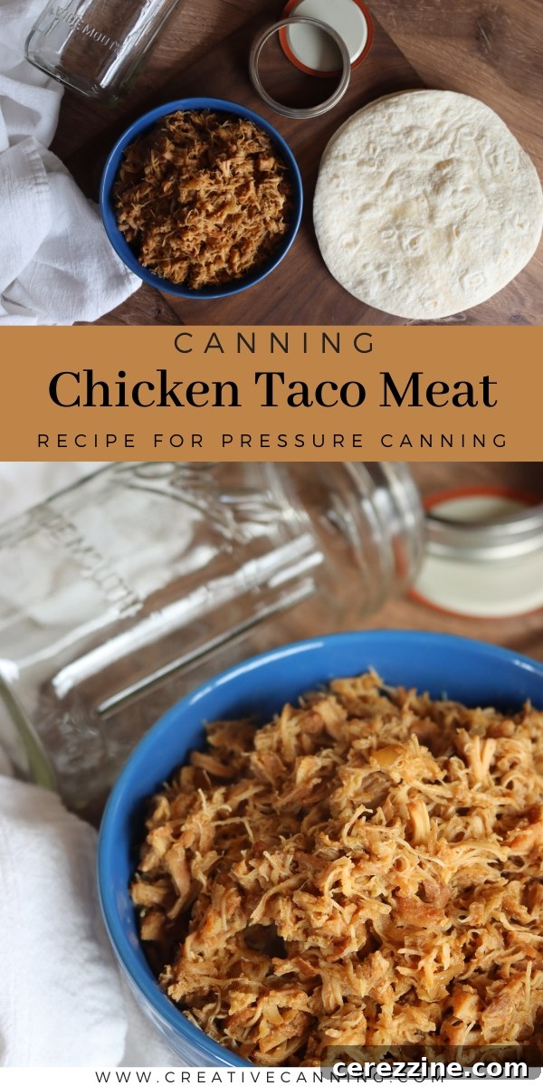 Homemade Canned Chicken Taco Meat 8 Stacked jars of pressure-canned chicken taco meat, ready for storage, with a focus on their consistent fill and tight seals.