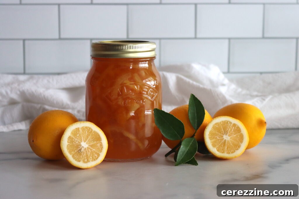 Exquisite Meyer Lemon Marmalade, glistening golden in a jar.