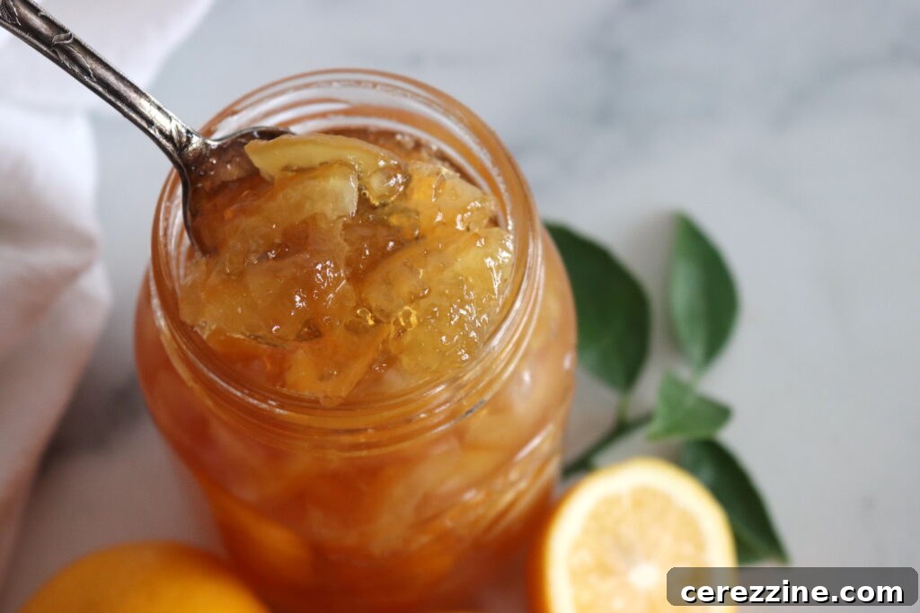 Sunshine Meyer Lemon Marmalade 5 A pot of Meyer Lemon Marmalade simmering on the stove, showing its glossy texture.