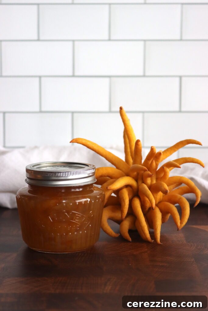 Jars of freshly made Buddha's Hand Marmalade.