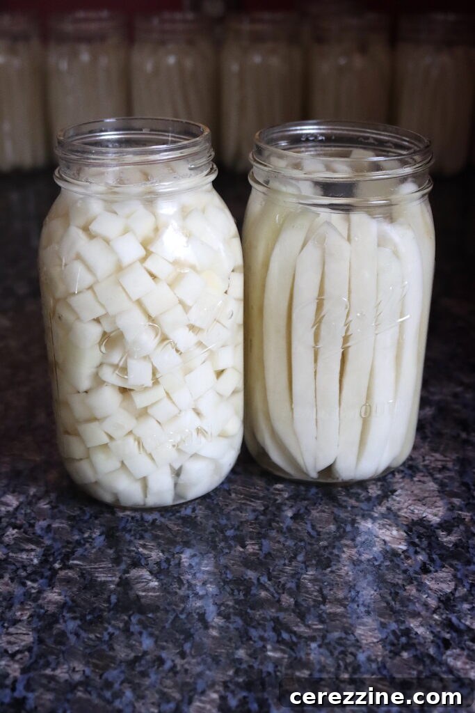 Raw potatoes for canning, cut into home fry squares and french fry strips.